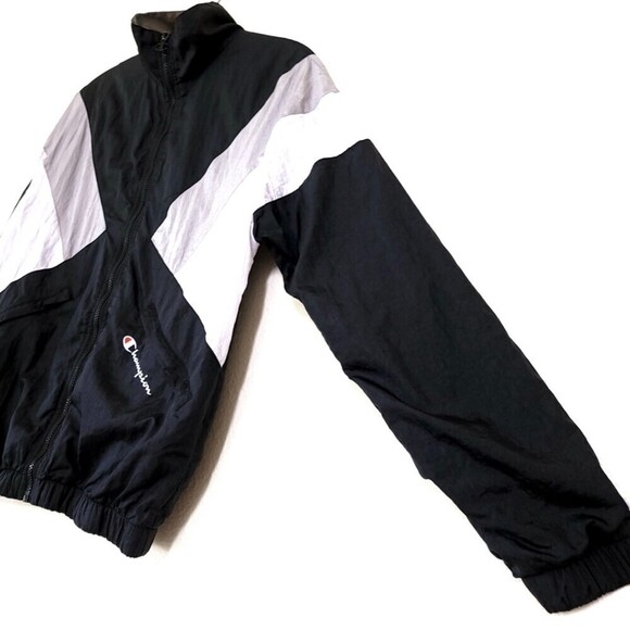 CHAMPION Nylon Athletic Windbreaker Track Jacket Black White Colorblock 90s y2k - Picture 4 of 14